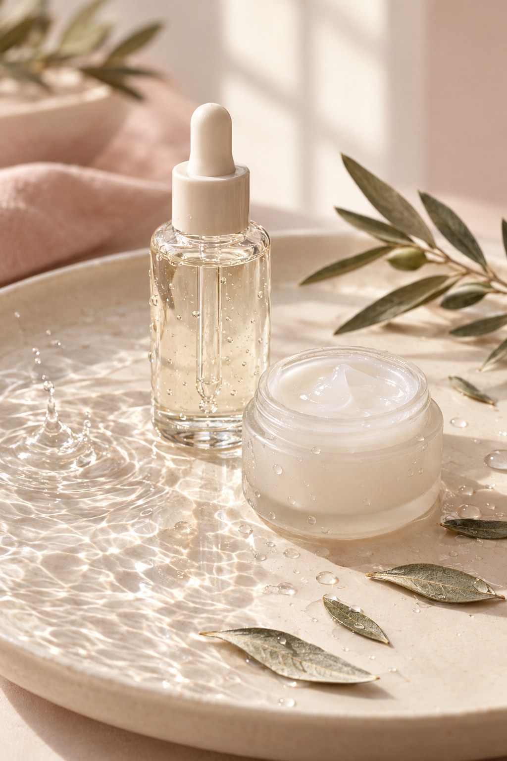 A glass serum dropper and a jar of gel cream on a cream dish with rippling water and olive leaves